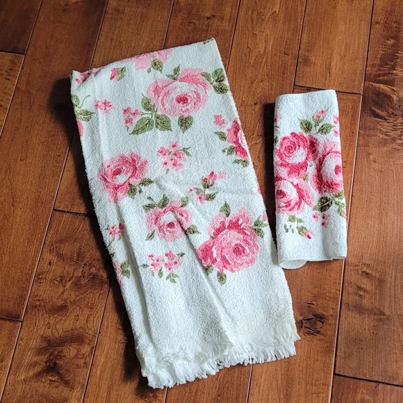 Vintage St Mary's Rose Print Bath Towel and Washcloth Set of 2 NWT White Pink Gr - Picture 1 of 5
